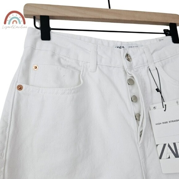 New! Zara High Rise Straight Leg Distressed Button Fly Rigid White Jeans - Picture 7 of 14